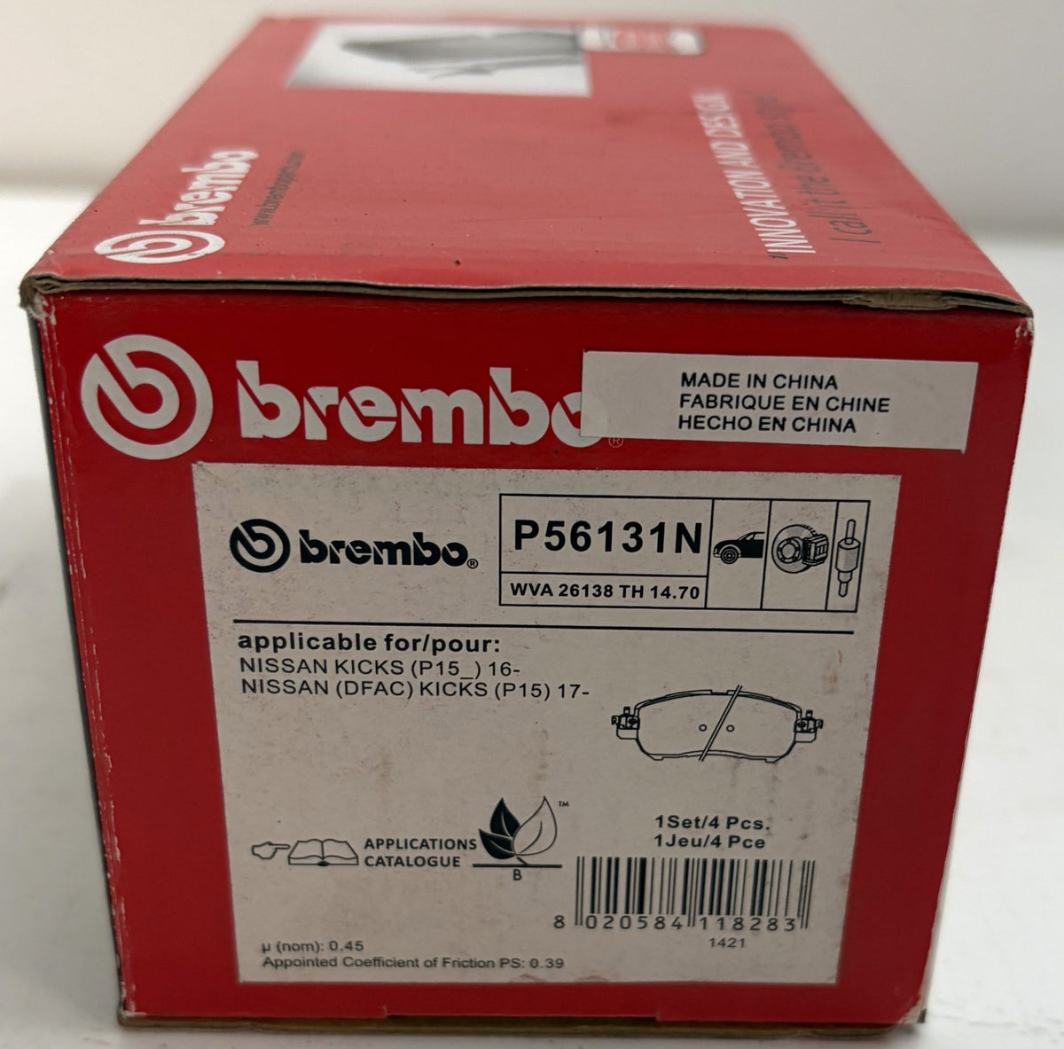 Brembo P56131N ceramic front brake pad box for Nissan Kicks, with red packaging, application diagram, barcode, and made in China label