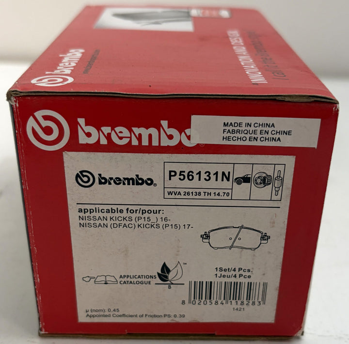 Brembo P56131N ceramic front brake pad box for Nissan Kicks, with red packaging, application diagram, barcode, and made in China label