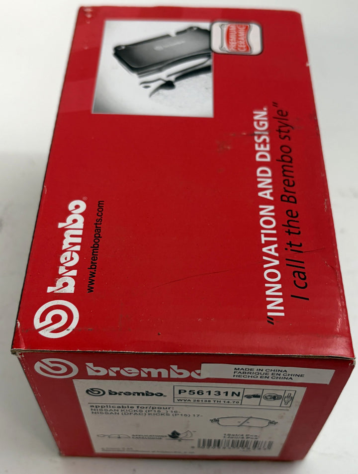 Brembo P56131N ceramic front brake pad set in a red box, labeled for Nissan Kicks applications with brake pad illustrations
