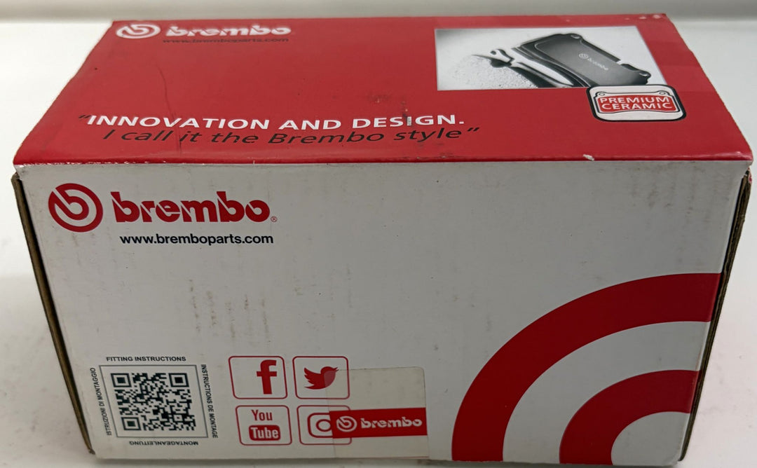 Brembo P56131N Prime ceramic front brake pad box for Nissan Kicks, featuring red and white packaging with Brembo branding and worn surfaces