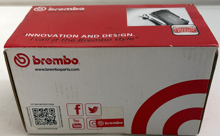 Brembo P56131N Prime ceramic front brake pad box for Nissan Kicks, featuring red and white packaging with Brembo branding and worn surfaces
