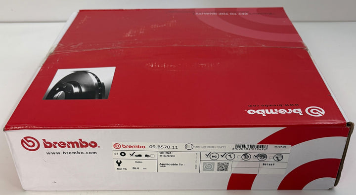 Red and white Brembo automotive brake parts box with visible part number 09.8570.11 and black brake disc illustration on the label