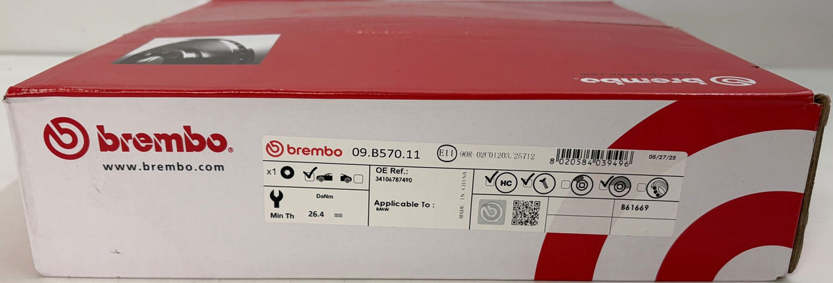 Brembo red and white automotive parts box displaying part number 09.8570.11 and compatibility information on the label
