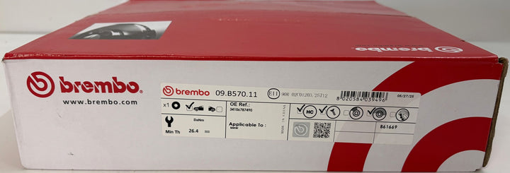 Brembo red and white automotive parts box displaying part number 09.8570.11 and compatibility information on the label