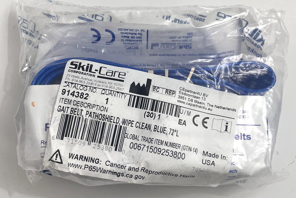 Skil-Care 914382 Gait Belt Pathoshield, blue, 72" L: wipe-clean belt for safe patient mobility and transfers, ensuring hygiene and ease of use.