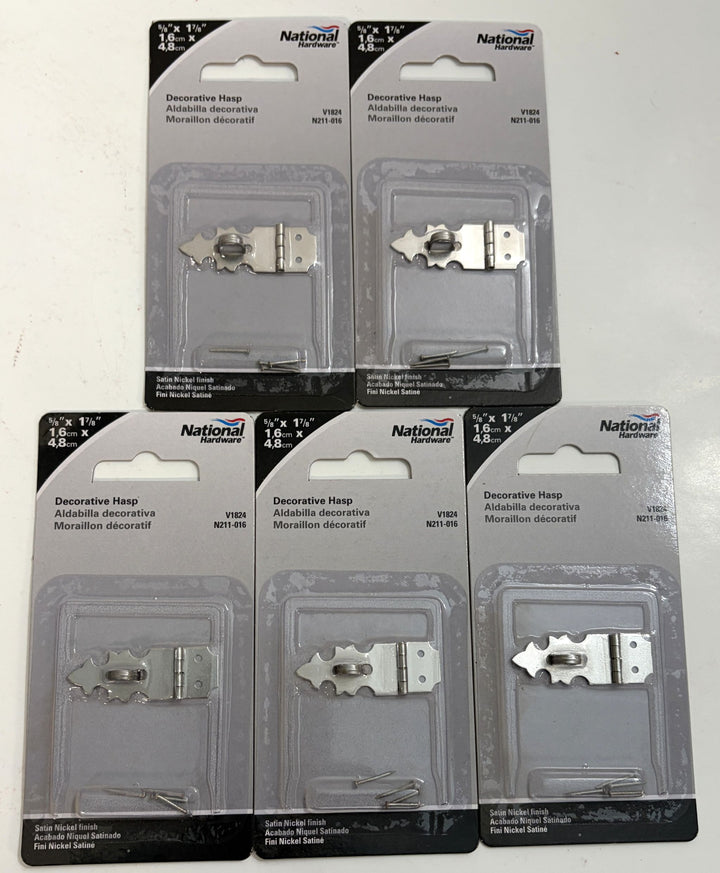 Five National Hardware N211-016 decorative safety hasps in retail packaging, featuring satin nickel finish for cabinets, chests, and woodworking projects