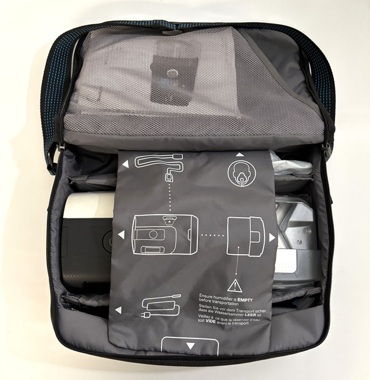 Open Resmed AirSense 11 AutoSet carrying case with CPAP machine and accessory compartments visible, pre owned medical equipment