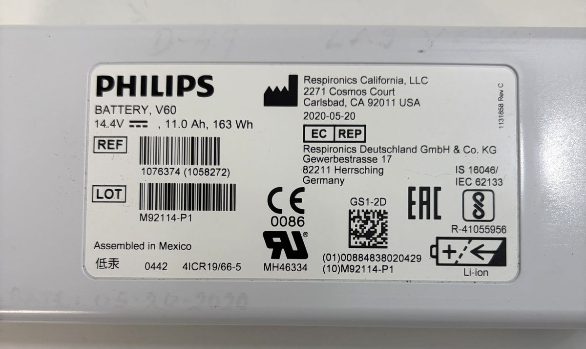 Philips V60 battery label showing 14.4 volt, 11.0 amp hour, 163 watt hour lithium ion battery ratings and regulatory symbols