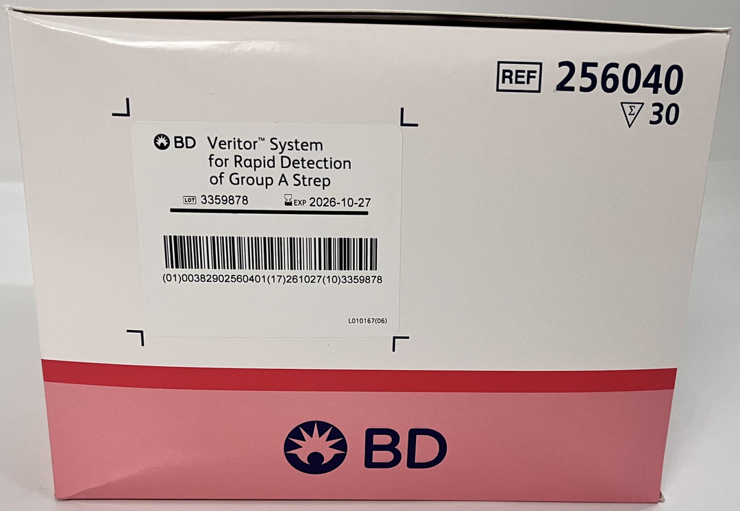 256040 Veritor System for Rapid Detection of Group A Strep (30/Kit) with test devices and reagents.