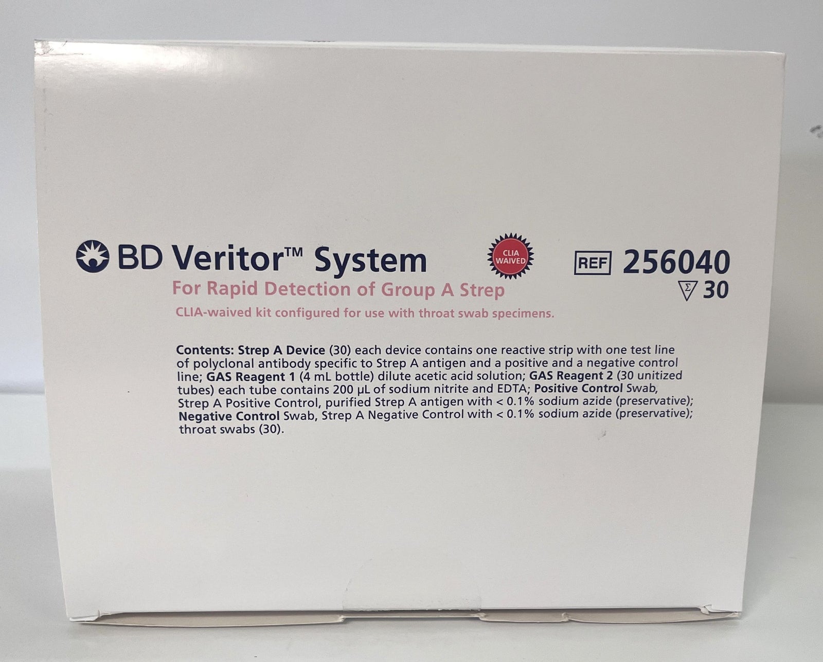 256040 Veritor System for Rapid Detection of Group A Strep (30/Kit) with test devices and reagents.