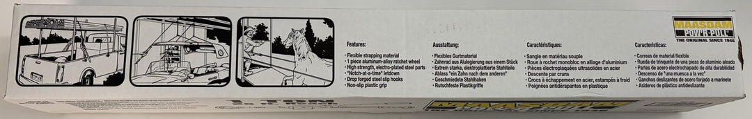 Maasdam PowR Pull WS 25 one ton strap puller packaging with illustrated operating instructions and multilingual safety information