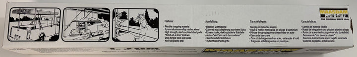 Maasdam PowR Pull WS 25 one ton strap puller packaging with illustrated operating instructions and multilingual safety information