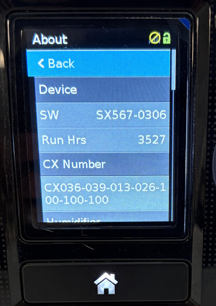 Resmed AirSense 10 AutoSet CPAP console with About menu showing software SX567-0306 and 3527 run hours on a black medical device