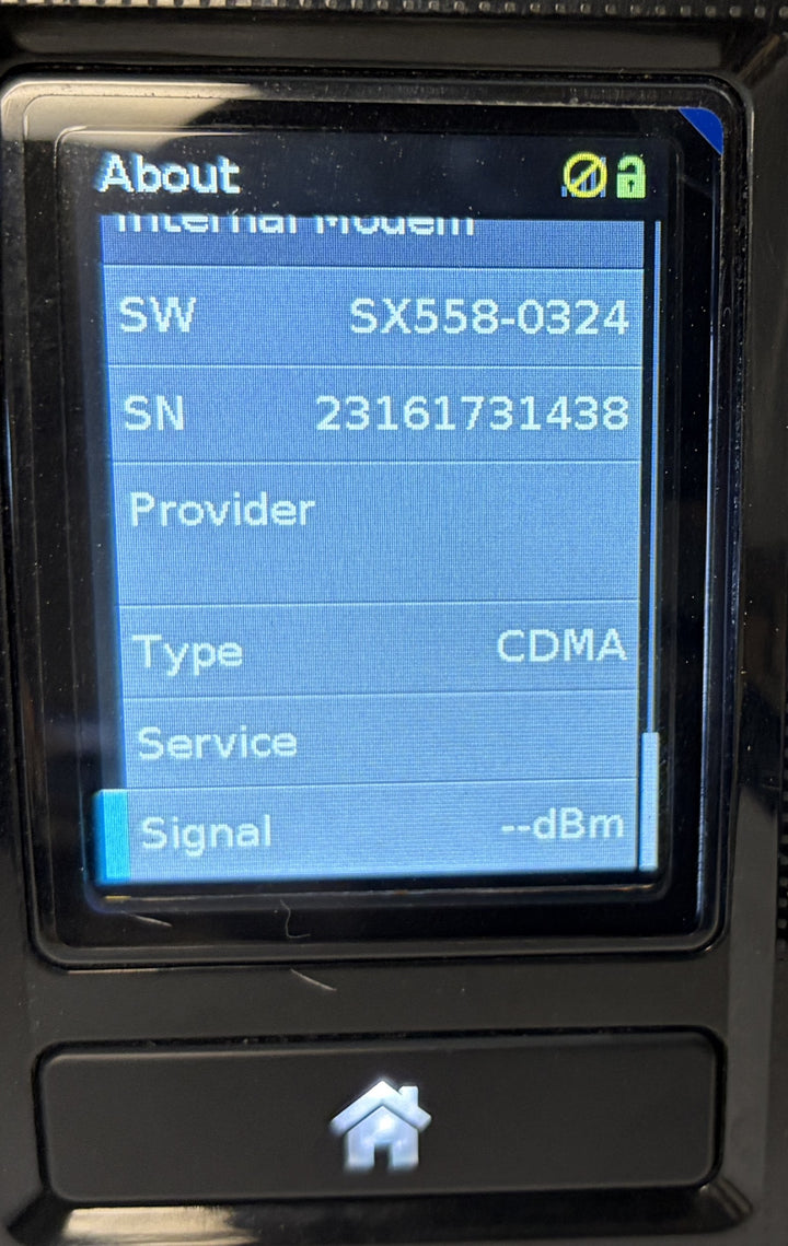 Resmed AirSense 10 CPAP console display showing the About screen with software SX558-0324, CDMA type, serial number, and signal status