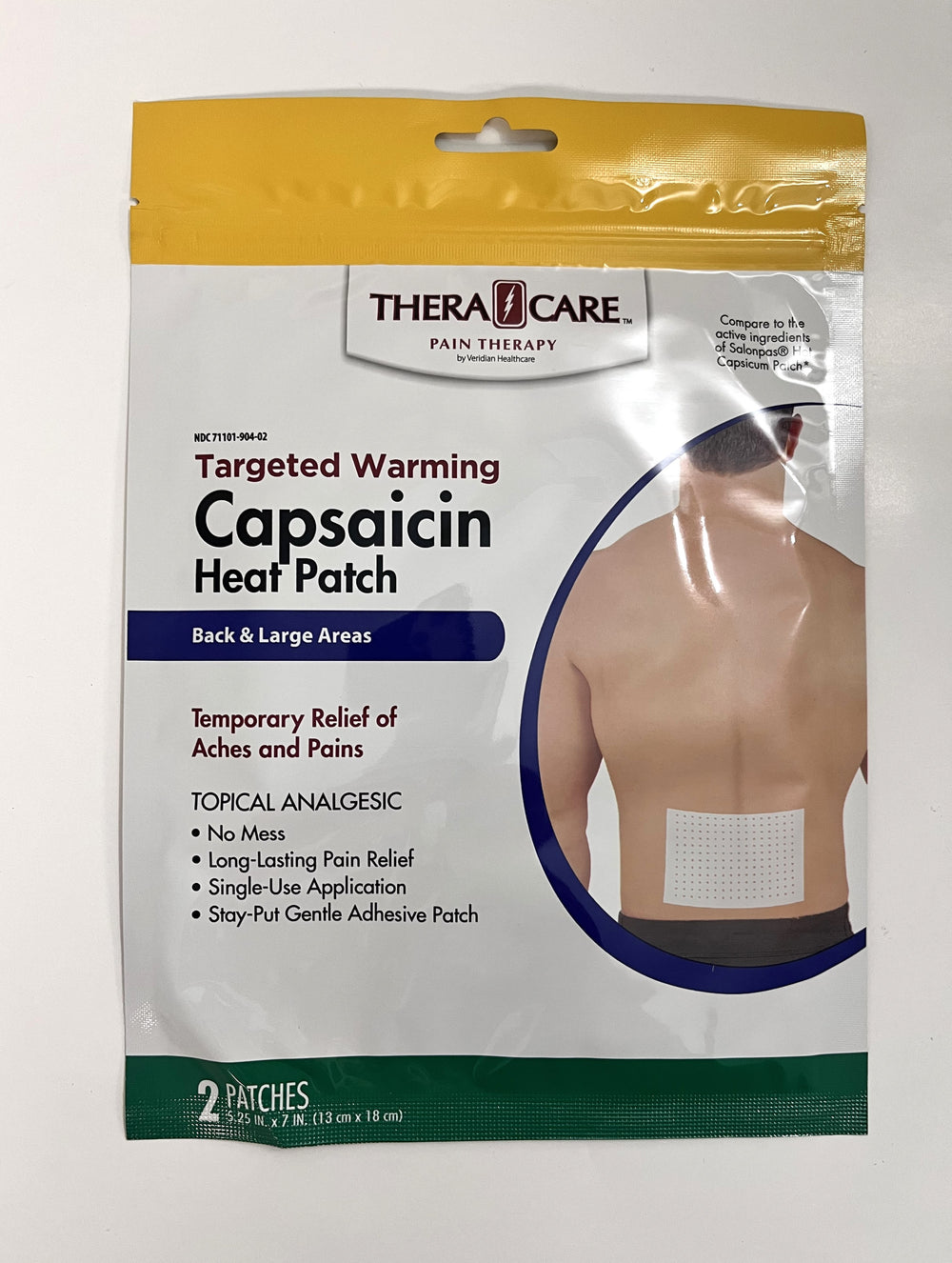 TheraCare Capsaicin Analgesic Heat Patch, 2 patches per pouch, 20 pouches, provides deep, warming pain relief for sore muscles and joints.