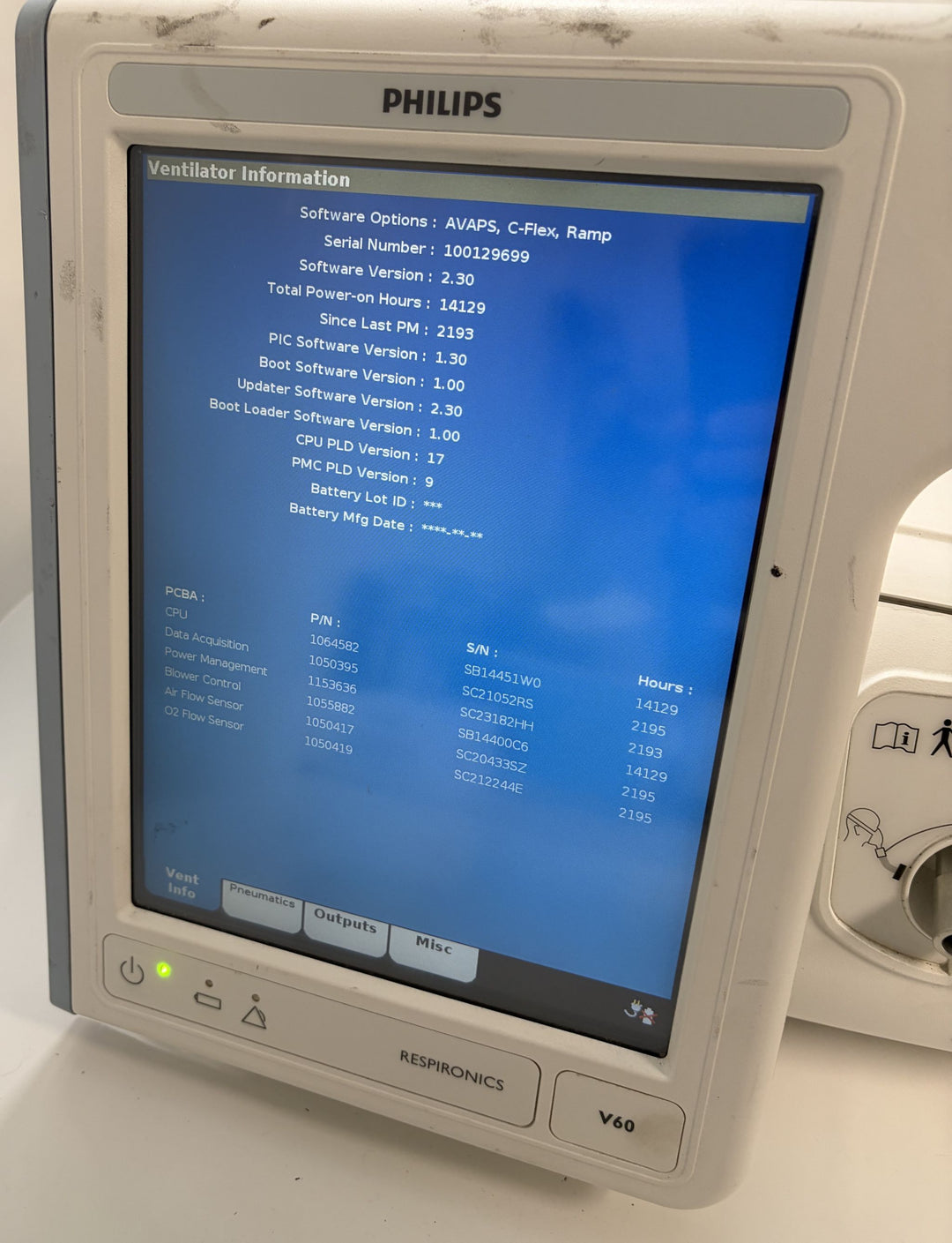 Philips Respironics V60 Ventilator w/ Power Cord (14,129 Hrs, SN 100129699)