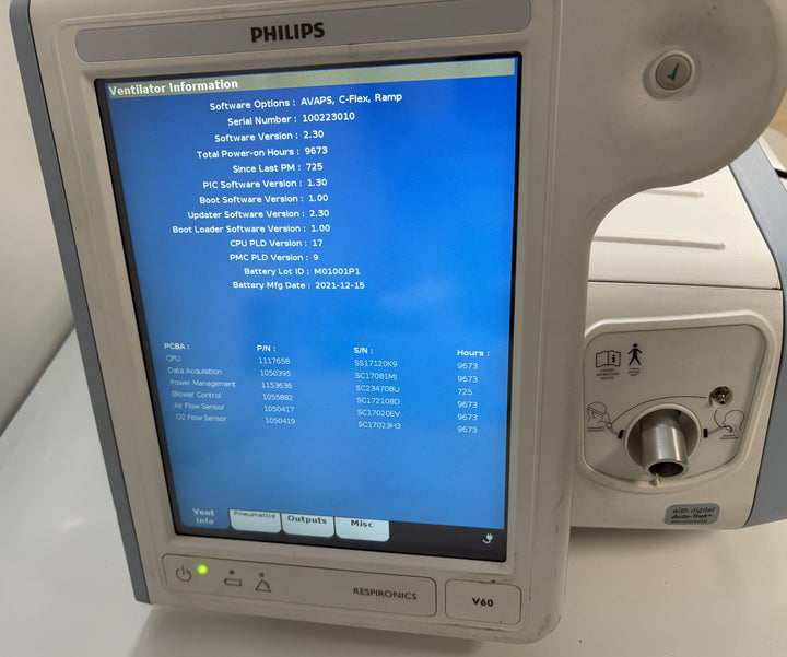 Philips Respironics V60 Ventilator w/ Power Cord (SN 100223010, MFG 2017
