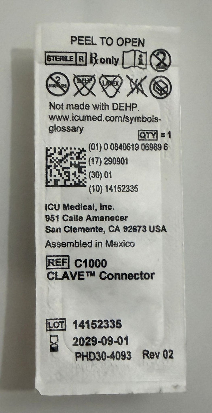 ICU C1000 Clave Connector, Needle-Free Valve, 100/Case