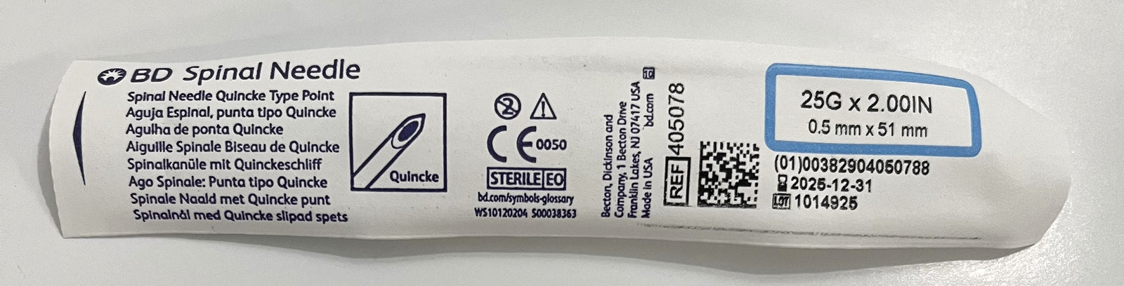 405078 Spinal Needle 25G x 2" – Quincke point, Sterile, Disposable, 25 per box.