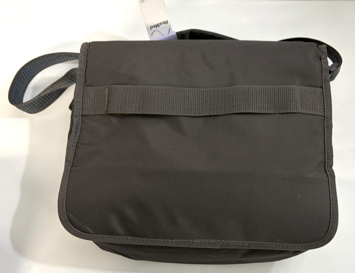 Black fabric shoulder messenger bag with adjustable strap and front slip pocket.