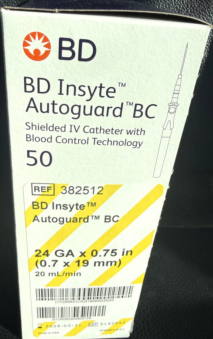 BD 382512 Insyte Autoguard BC Shielded IV Catheter 24G x 0.75" – 50-Pack Box