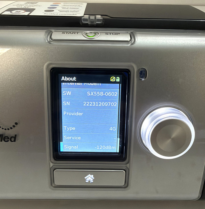 Resmed AirCurve 10 ST-A BiPAP medical ventilator control panel with illuminated display, start stop button, and rotary dial, pre-owned