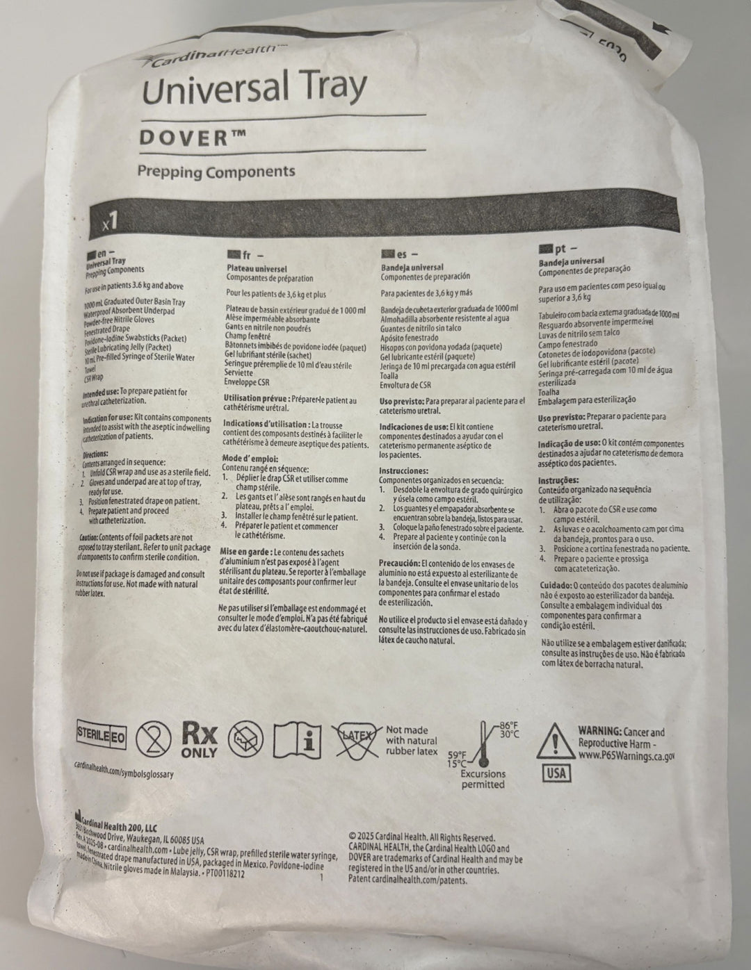 Dover Universal Tray packaging labeled Preparing Components, with medical handling instructions and Rx Only symbols.