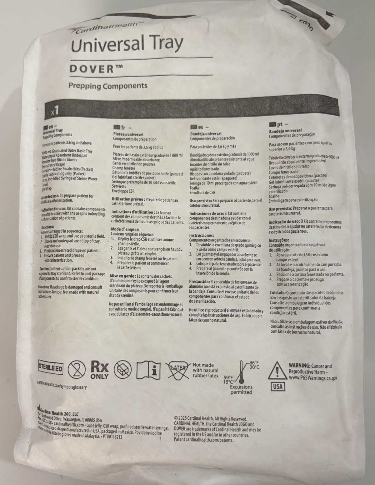 Dover Universal Tray packaging labeled Preparing Components, with medical handling instructions and Rx Only symbols.