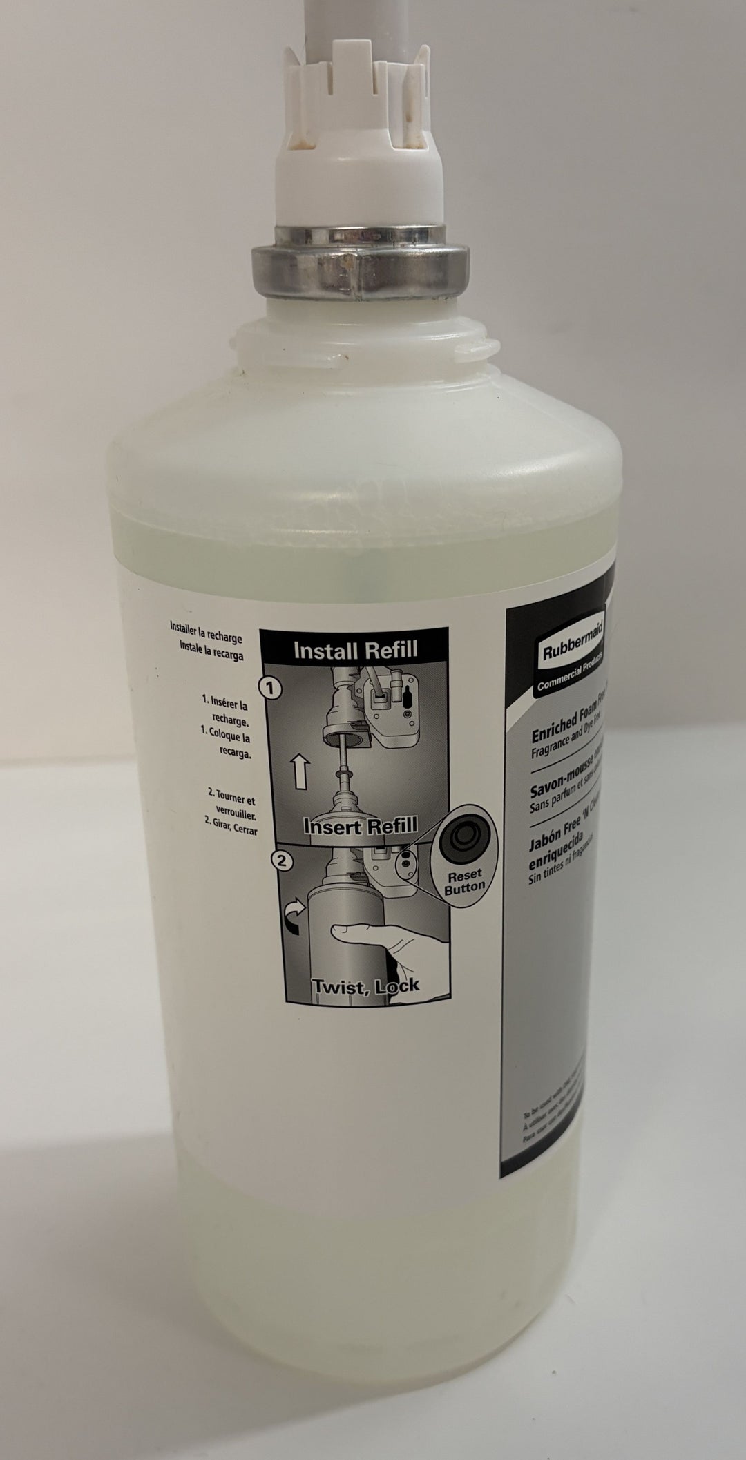 Rubbermaid FG750390 enriched foam free N Clean hand soap refill bottle with white dispenser pump for commercial restrooms