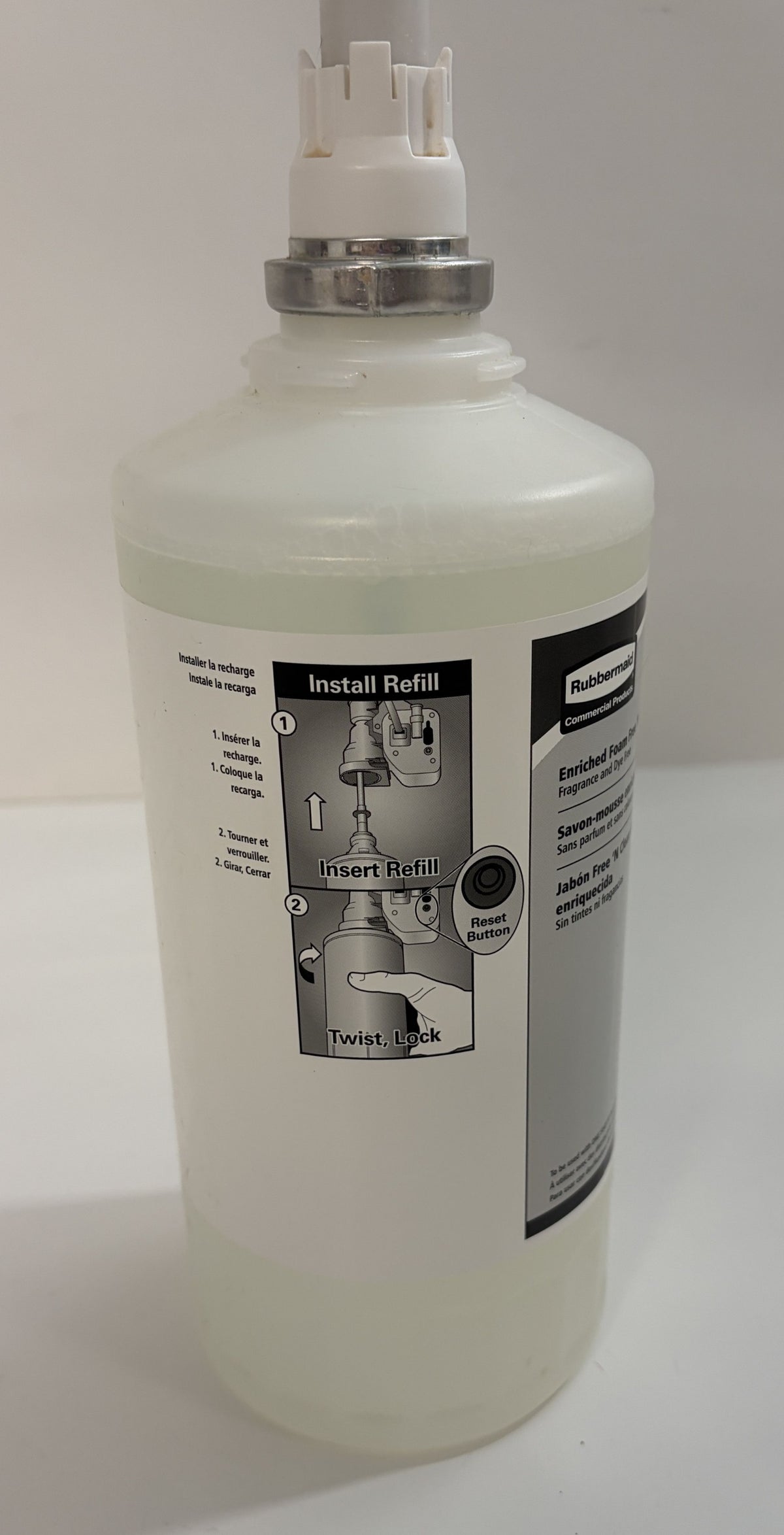 Rubbermaid FG750390 enriched foam free N Clean hand soap refill bottle with white dispenser pump for commercial restrooms
