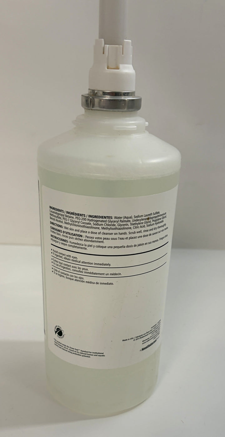 Rubbermaid FG750390 Enriched Foam Free N Clean hand soap refill bottle with white pump dispenser for commercial restroom use