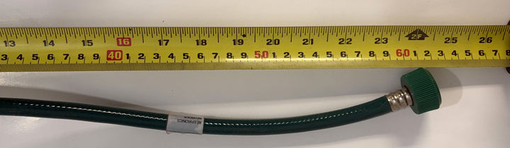 Philips Respironics V60 ventilator green oxygen supply hose with threaded connector, shown beside a measuring tape