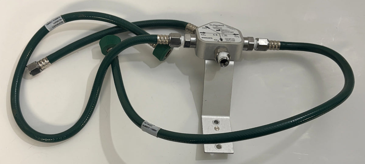 Philips Respironics O2 manifold assembly 1109668 Rev C with three attached green oxygen hoses for V60 ventilators, pre-owned, PHENTERSALES