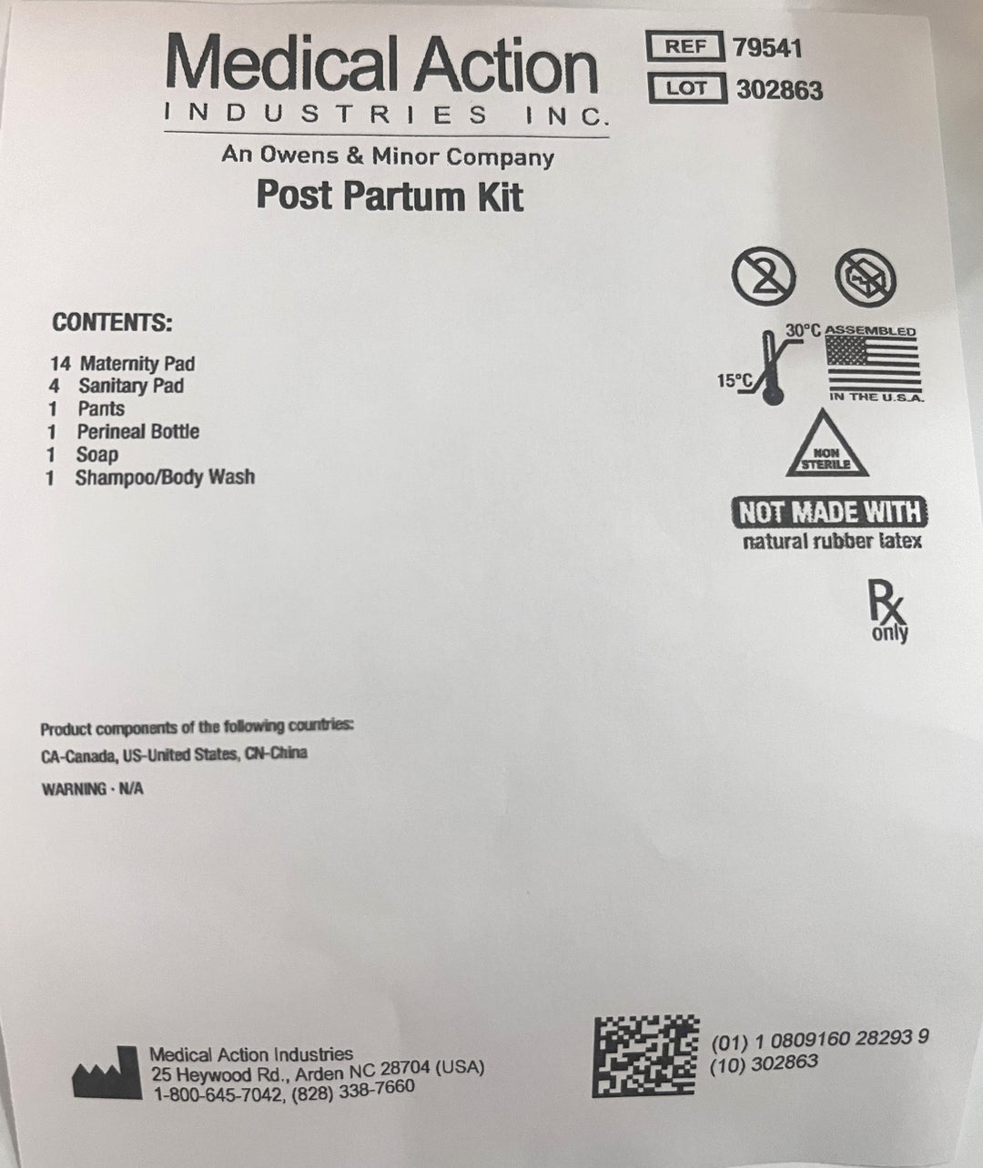 Medical Action 79541 Postpartum Kit: Comprehensive post-birth care kit containing essential medical supplies for mothers.