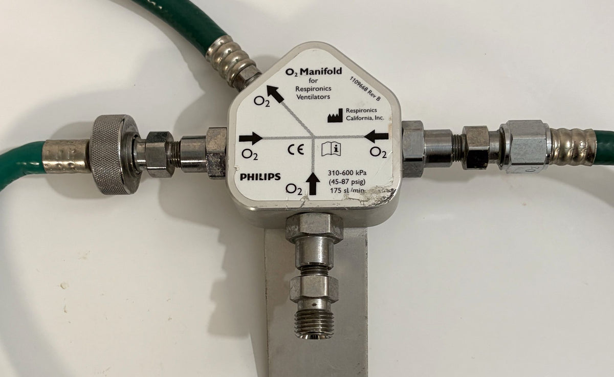 Philips Respironics O2 manifold assembly part number 1109668 Rev B with three green oxygen hoses for V60 ventilators pre owned medical equipment