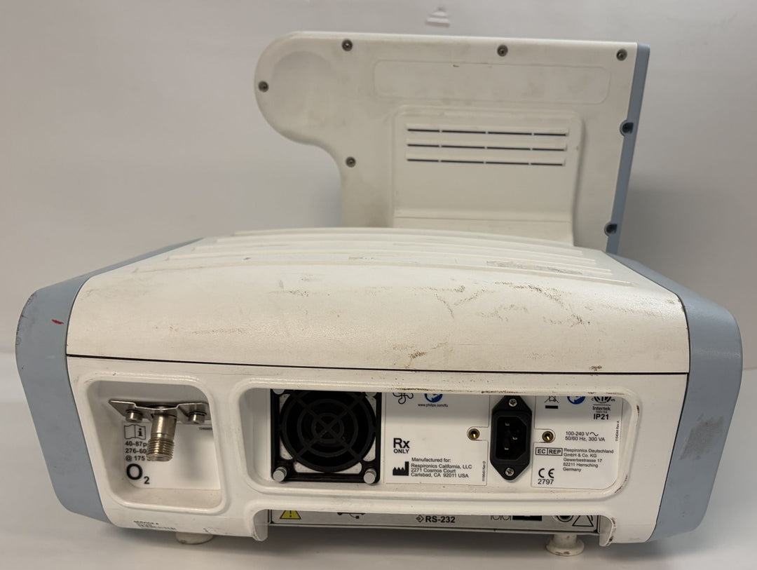 Philips Respironics V60 medical ventilator rear panel with oxygen port, cooling fan, and power connector in pre-owned condition from PHENTERSALES