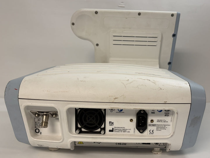 Philips Respironics V60 medical ventilator rear panel with oxygen port, cooling fan, and power connector in pre-owned condition from PHENTERSALES
