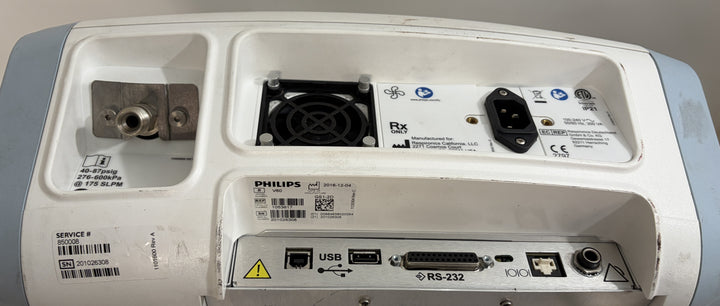 Rear panel of a pre-owned Philips Respironics V60 medical ventilator showing cooling fan, power inlet, USB and RS 232 ports, from PHENTERSALES