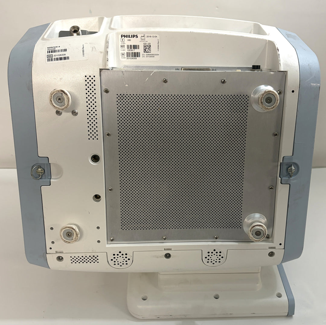 Rear view of pre owned Philips Respironics V60 non invasive ventilator on stand with vented metal panel from PHENTERSALES medical equipment