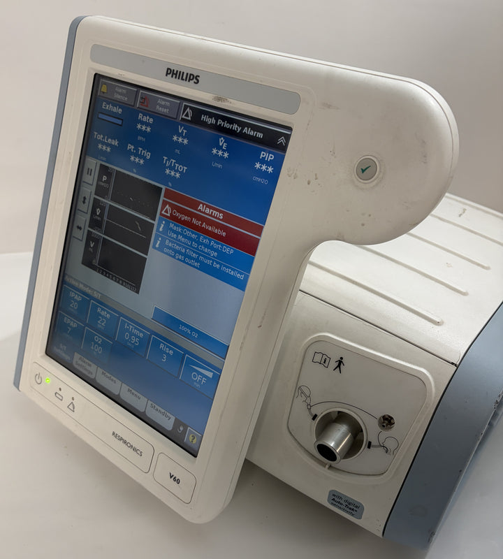 Philips Respironics V60 non invasive ventilator console with touchscreen and visible wear, pre owned medical equipment from PHENTERSALES