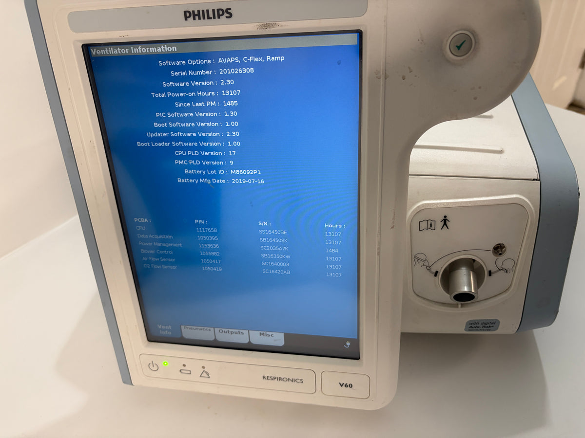 Philips Respironics V60 non invasive ventilator with blue information screen showing 13,107 hours and serial number 201026308, pre owned medical equipment from PHENTERSALES