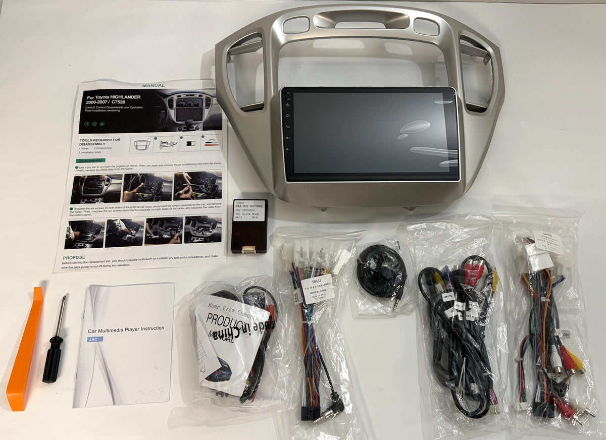 Rimoody Android touchscreen car stereo with silver dash bezel, wiring harnesses, and backup camera kit for 2001 to 2007 Toyota Highlander