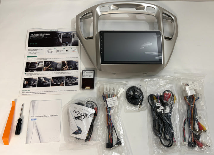 Rimoody Android touchscreen car stereo with silver dash bezel, wiring harnesses, and backup camera kit for 2001 to 2007 Toyota Highlander