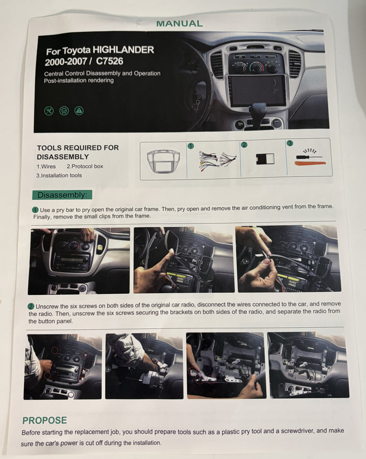 Rimoody installation manual for Toyota Highlander 2000 to 2007 C7526 Android car stereo, showing dash disassembly steps and required tools