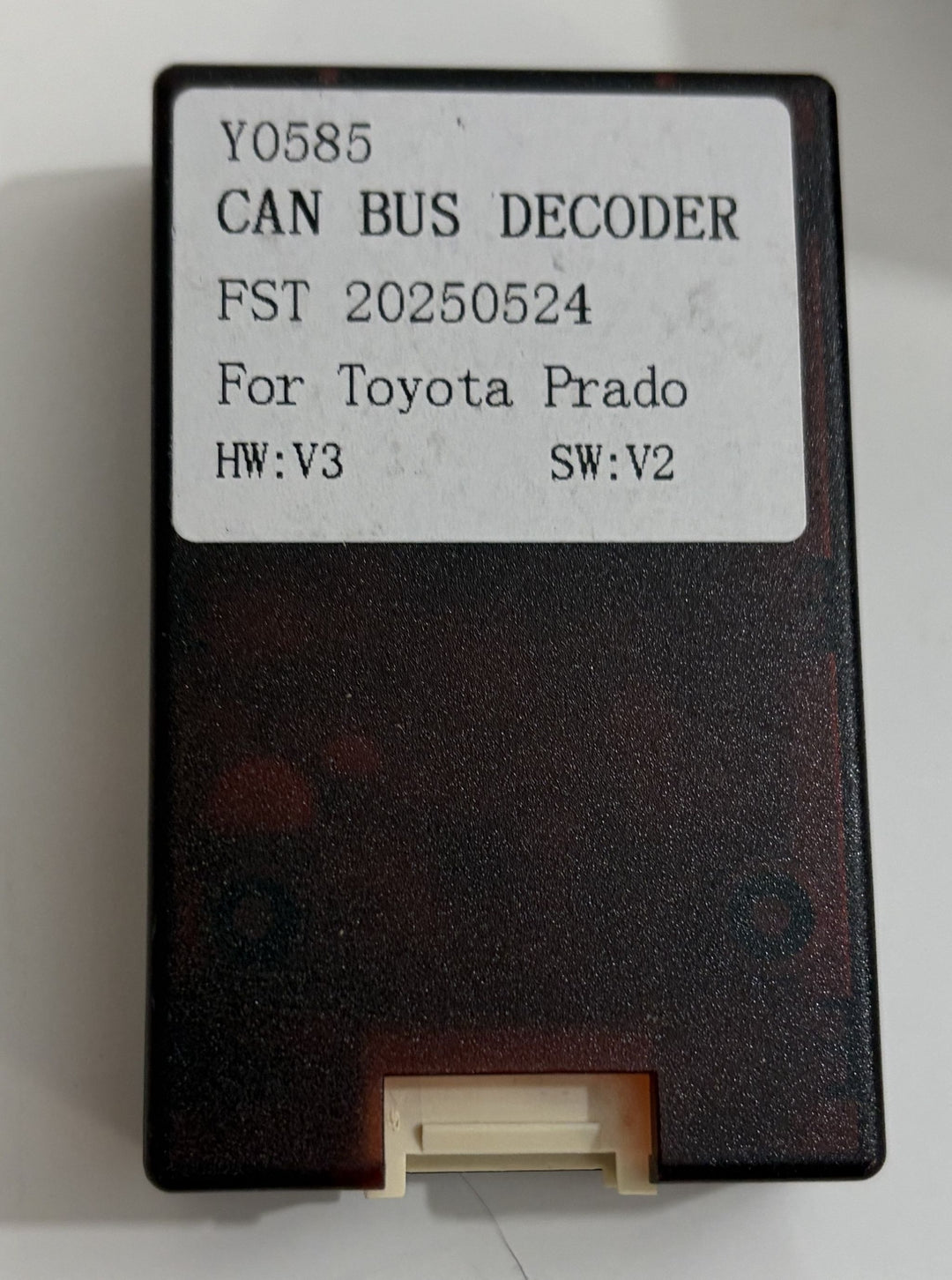 Rimoody automotive CAN bus decoder module Y0585 for Toyota Prado, black casing with white connector and label showing HW V3 and SW V2