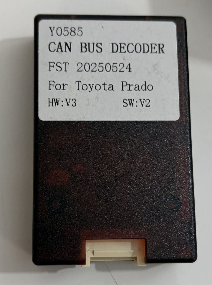 Rimoody automotive CAN bus decoder module Y0585 for Toyota Prado, black casing with white connector and label showing HW V3 and SW V2