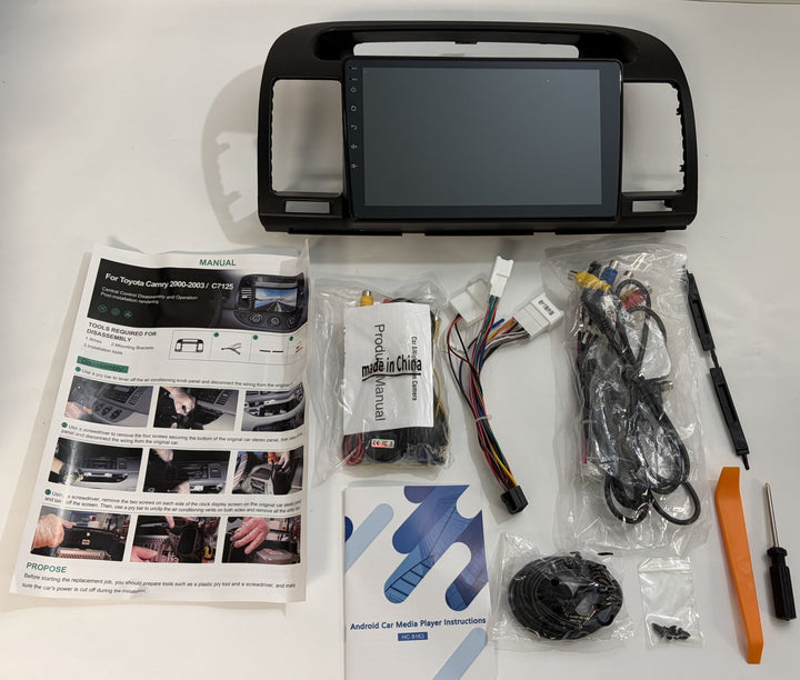 Rimoody new Android touchscreen car stereo kit for 2000 to 2003 Toyota Camry with dashboard bezel wiring harness backup camera and manual