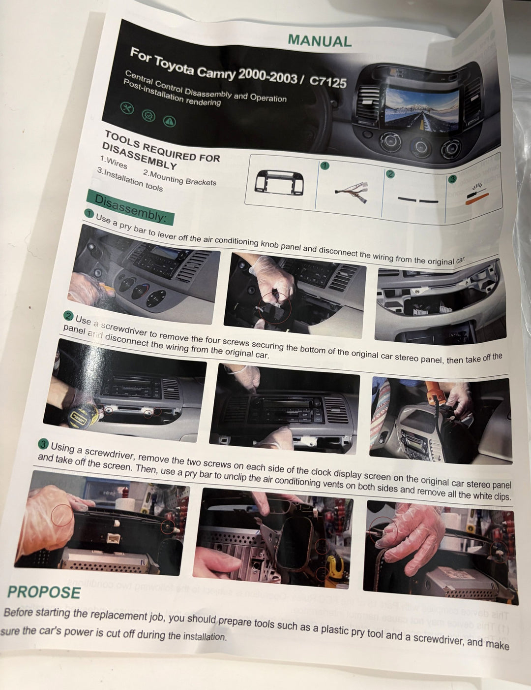 Rimoody installation manual for Toyota Camry 2000 to 2003 C7125 Android car stereo showing dashboard removal and wiring instructions