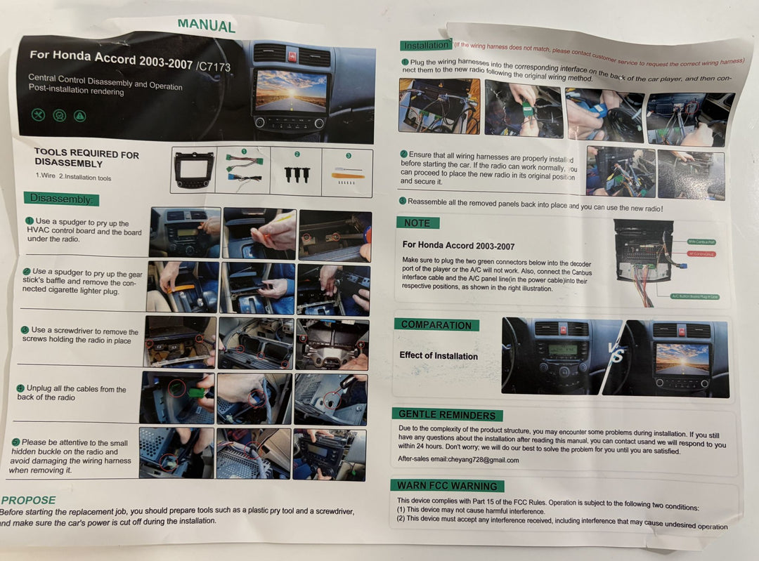 Printed automotive installation manual for Honda Accord 2003 to 2007, showing dashboard radio replacement steps, tools, wiring, photos, and diagrams