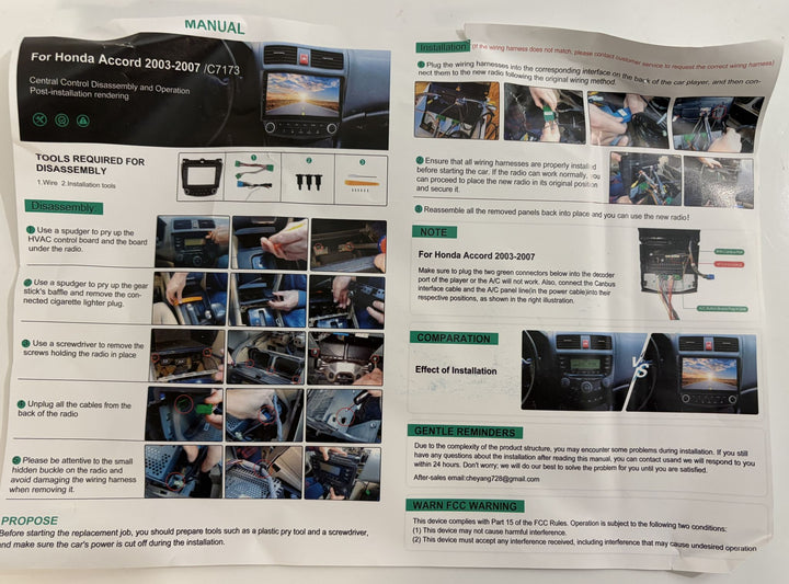 Printed automotive installation manual for Honda Accord 2003 to 2007, showing dashboard radio replacement steps, tools, wiring, photos, and diagrams